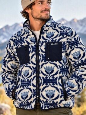Jiberish Men’s L Sherpa Fleece Jacket Blue Floral Two-Way Zip Streetwear89